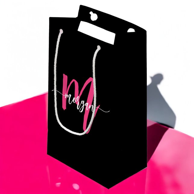 Monogram Stylish Modern Hot Pink Black Small Gift Bag (Creator Uploaded)