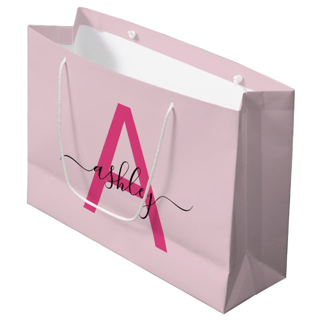 Monogram Stylish Modern Hot Pink Large Gift Bag (Front Angled)