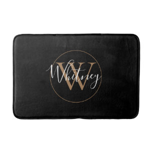 Monogram Stylish Script Name Gold Black  Bath Mat