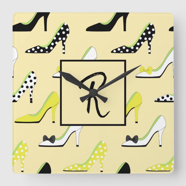 Monogram Stylish Yellow High Heels Square Wall Clock (Front)