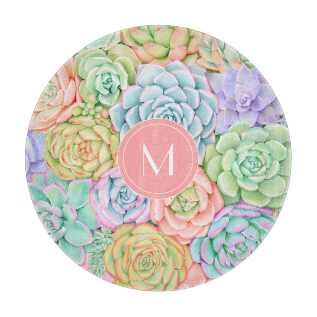 Monogram Succulents Watercolor Colourful Pastel Cutting Board (Front)
