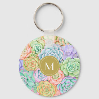 Monogram Succulents Watercolor Colourful Pastel Key Ring
