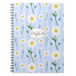 Monogram Summer Daisies Pattern Light Blue Stripe Notebook
