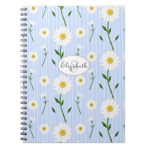 Monogram Summer Daisies Pattern Light Blue Stripe  Notebook