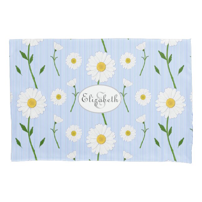 Monogram Summer Daisies Pattern Light Blue Stripe  Pillowcase (Front)