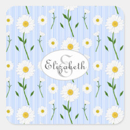Monogram Summer Daisies Pattern Light Blue Stripe Square Sticker