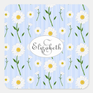 Monogram Summer Daisies Pattern Light Blue Stripe Square Sticker