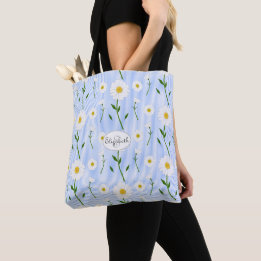 Monogram Summer Daisies Pattern Light Blue Stripe Tote Bag