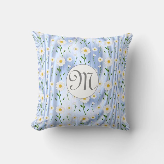 Monogram Summer Daisy Floral Pattern Blue Stripe Cushion (Front)