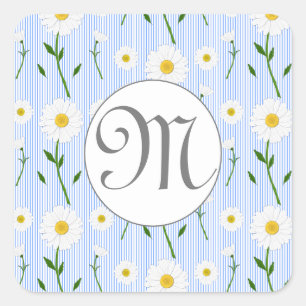 Monogram Summer Daisy floral Pattern Blue Stripe Square Sticker