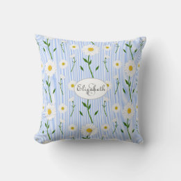 Monogram Summer Daisy Flower Pattern Blue Stripe Cushion