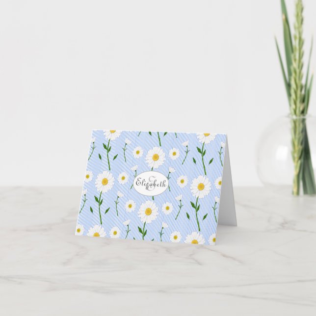 Monogram Summer Daisy Flower Pattern Blue Stripe N Note Card (Front)