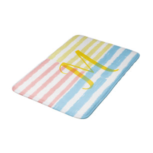 Monogram Summer Pink Blue Yellow Stripes Bath Mat