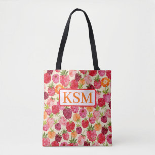 Monogram Summer Raspberry Watercolor Coquette Tote Bag