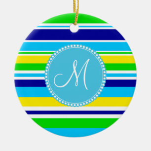 Monogram Summer Striped Teal Green Yellow Blue Ceramic Tree Decoration