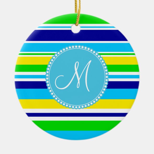 Monogram Summer Striped Teal Green Yellow Blue Ceramic Tree Decoration (Front)