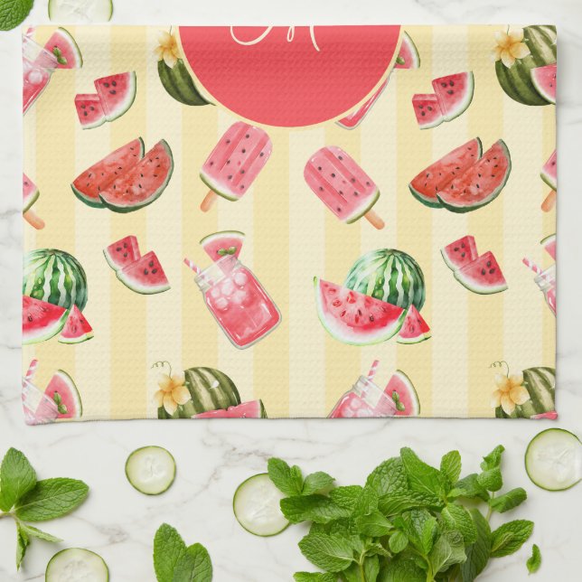 Monogram Summer Watermelon Drinks Pattern Tea Towel (Folded)