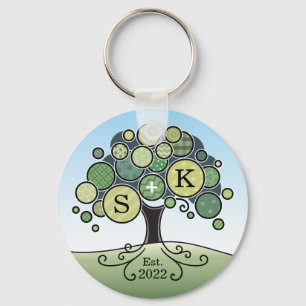 Monogram Summer Wedding Patchwork Pattern Tree Key Ring