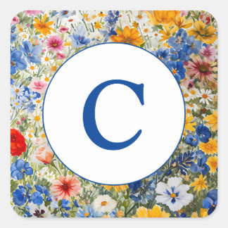 Monogram Summer Wildflowers Watercolor Square Sticker