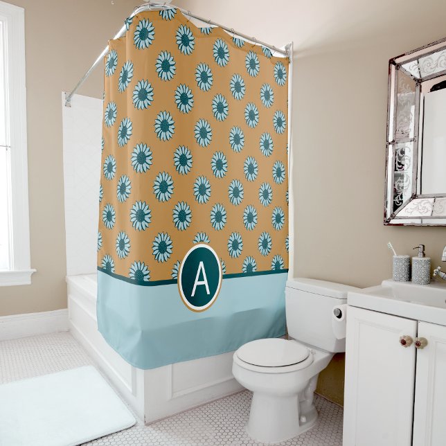 Monogram Sunflower Blue Flowers Shower Curtain (Monogram Sunflower Blue Floral Shower Curtain from Studio Posies. )