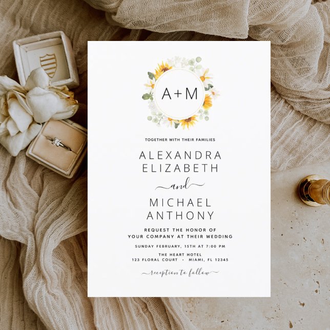 Monogram Sunflower Eucalyptus Greenery Wedding Invitation (Creator Uploaded)
