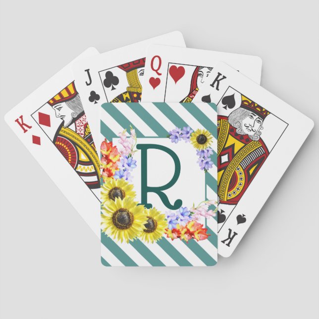 Monogram Sunflowers Diagonal Teal Stripes Playing Cards (Back)