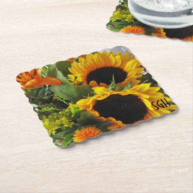 Monogram Sunflowers Print Scallop Paper Coasters (Angled)