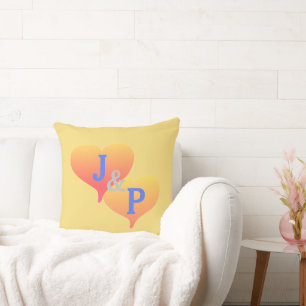 Monogram Sunset Heart Yellow Blue Pillow