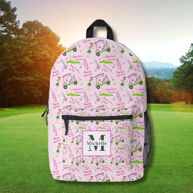 Monogram Swing Pink Golfer Breast Cancer Awareness Printed Backpack (Creator Uploaded)