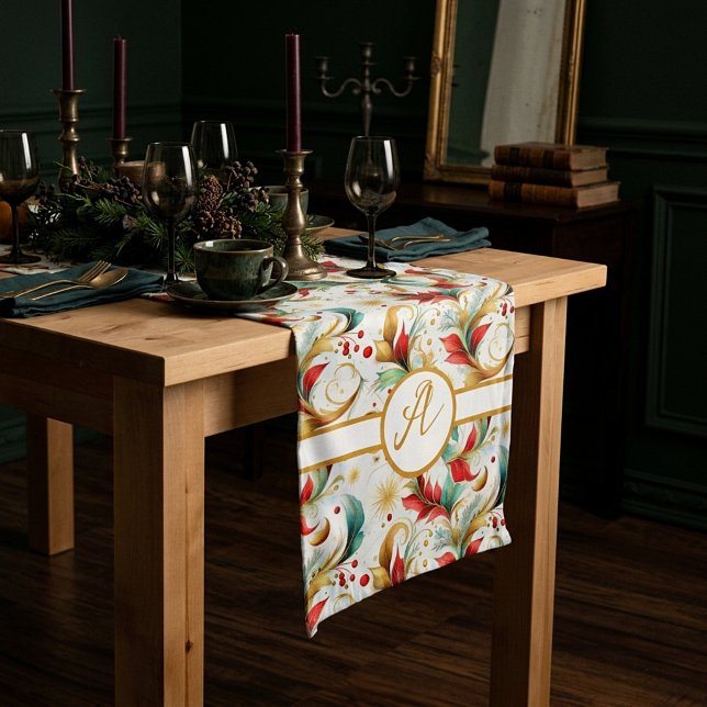 Monogram Swirled christmas floral Medium Table Runner (Creator Uploaded)