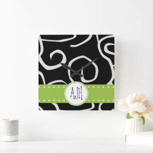 Monogram - Swirled Pattern, Swirly Style - Black Square Wall Clock