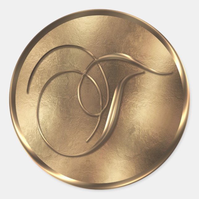 Monogram T Bronze Wedding Invitation Holiday Classic Round Sticker (Front)