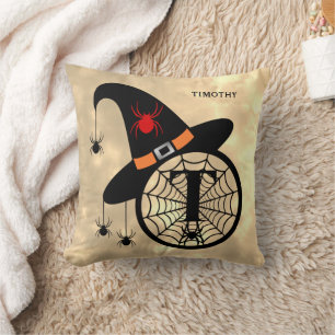 Monogram T Halloween Sky Witch Spiders Name Cushion