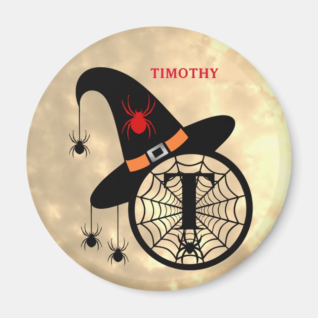 Monogram T Halloween Sky Witch Spiders Name Magnet (Front)