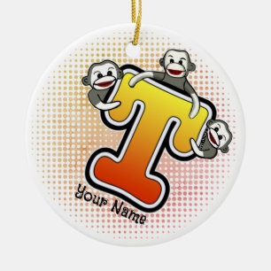 Monogram T Sock Monkey  Ceramic Tree Decoration