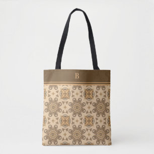 Monogram Tan Brown Abstract Boho Flower Pattern Tote Bag