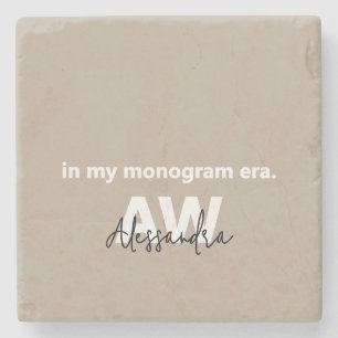 Monogram Tan White Typography Black Name Minimal  Stone Coaster