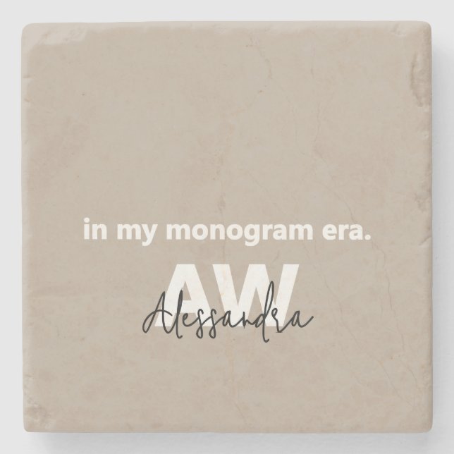 Monogram Tan White Typography Black Name Minimal  Stone Coaster (Front)