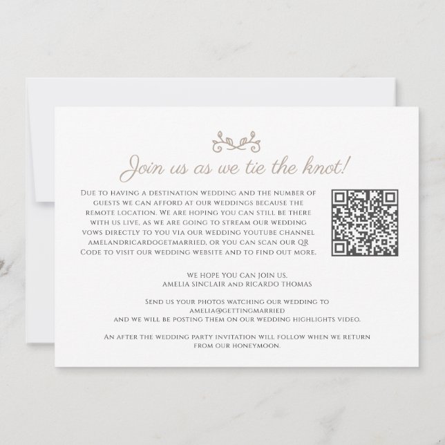 Monogram tan white wedding live stream QR code Announcement (Back)