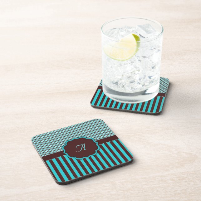 Monogram Tartan COASTERS, Lt Teal and Brown Coaster (Right Side)