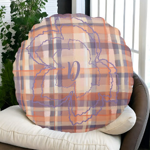 Monogram tartan fall leaves beige orange purple  round cushion