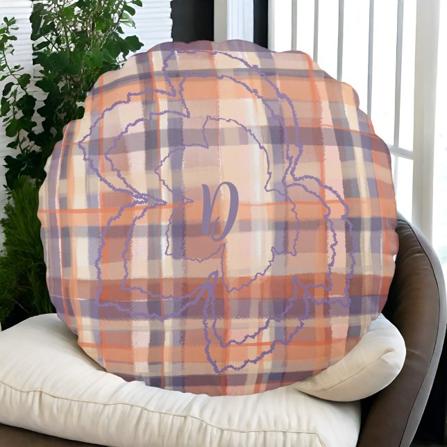 Monogram tartan fall leaves beige orange purple  round cushion (Creator Uploaded)
