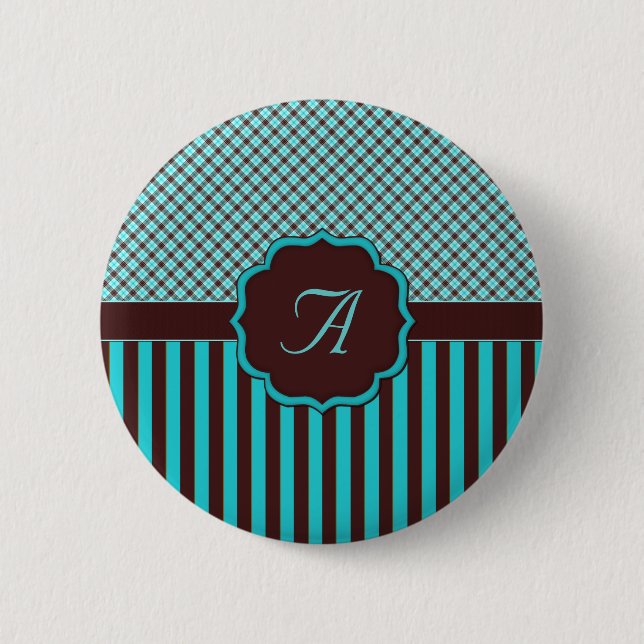 Monogram Tartan, Lt Teal Choc Brown 6 Cm Round Badge (Front)