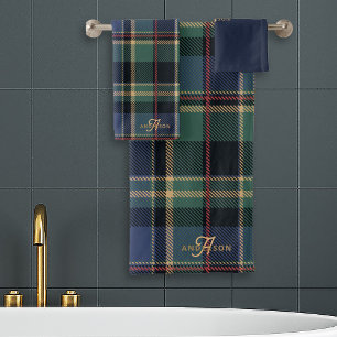 Monogram Tartan Navy Blue Green ID1141B Bath Towel Set