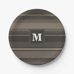 Monogram taupe stripes paper plate