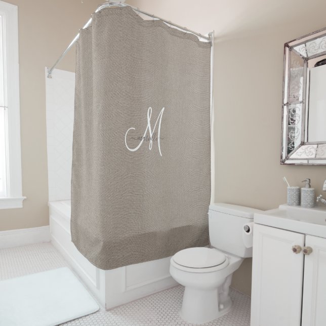 Monogram Taupe White Script Faux Linen  Shower Curtain (In Situ)