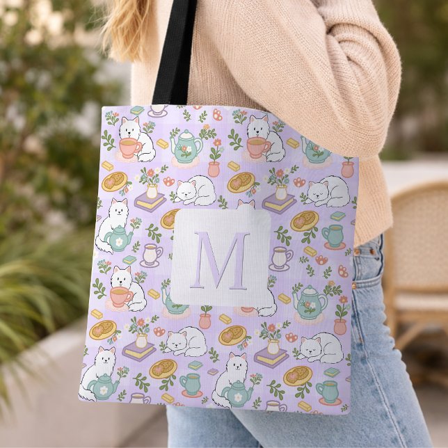 Monogram Tea & Bookish Cats Tote Bag Purple (Creator Uploaded)