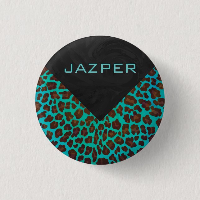 Monogram Teal and Brown Leopard 3 Cm Round Badge (Front)
