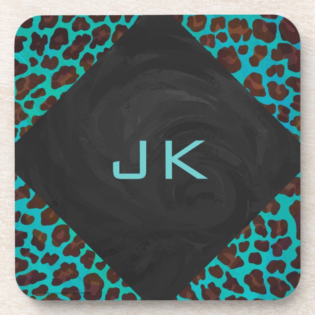 Monogram Teal and Brown Leopard Coaster (Front)
