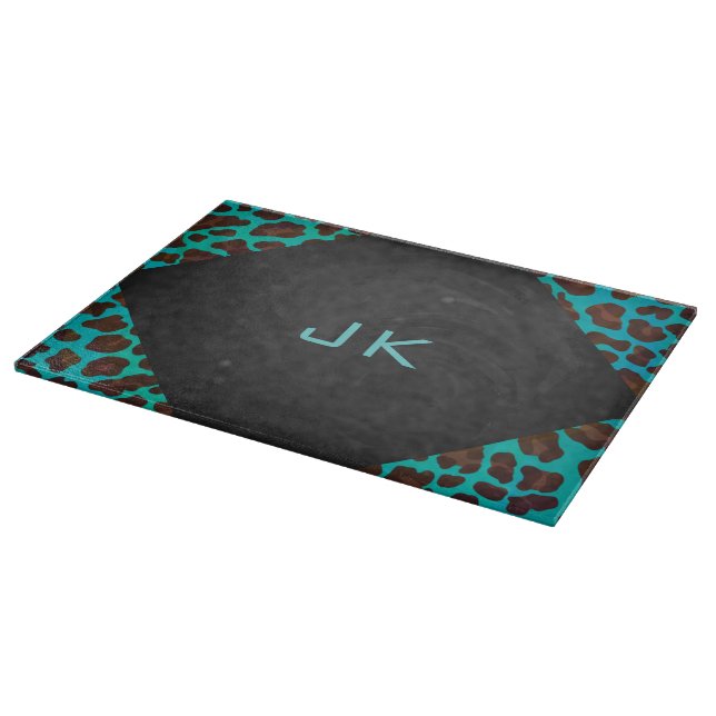 Monogram Teal and Brown Leopard Cutting Board (Corner)